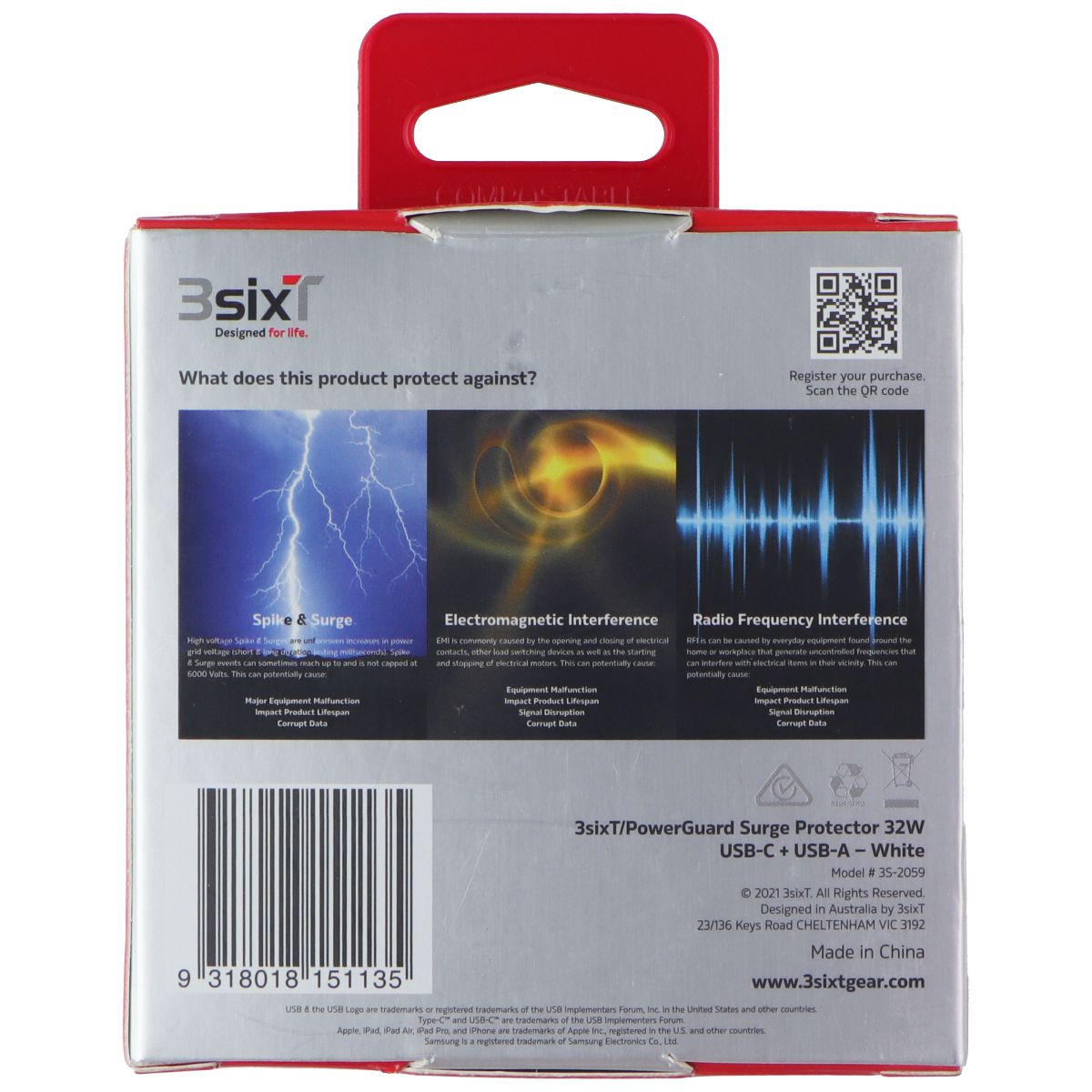 3SIXT PowerGuard Surge Protector 32W Dual USB-C/-A PD Wall Charger - White (AU)