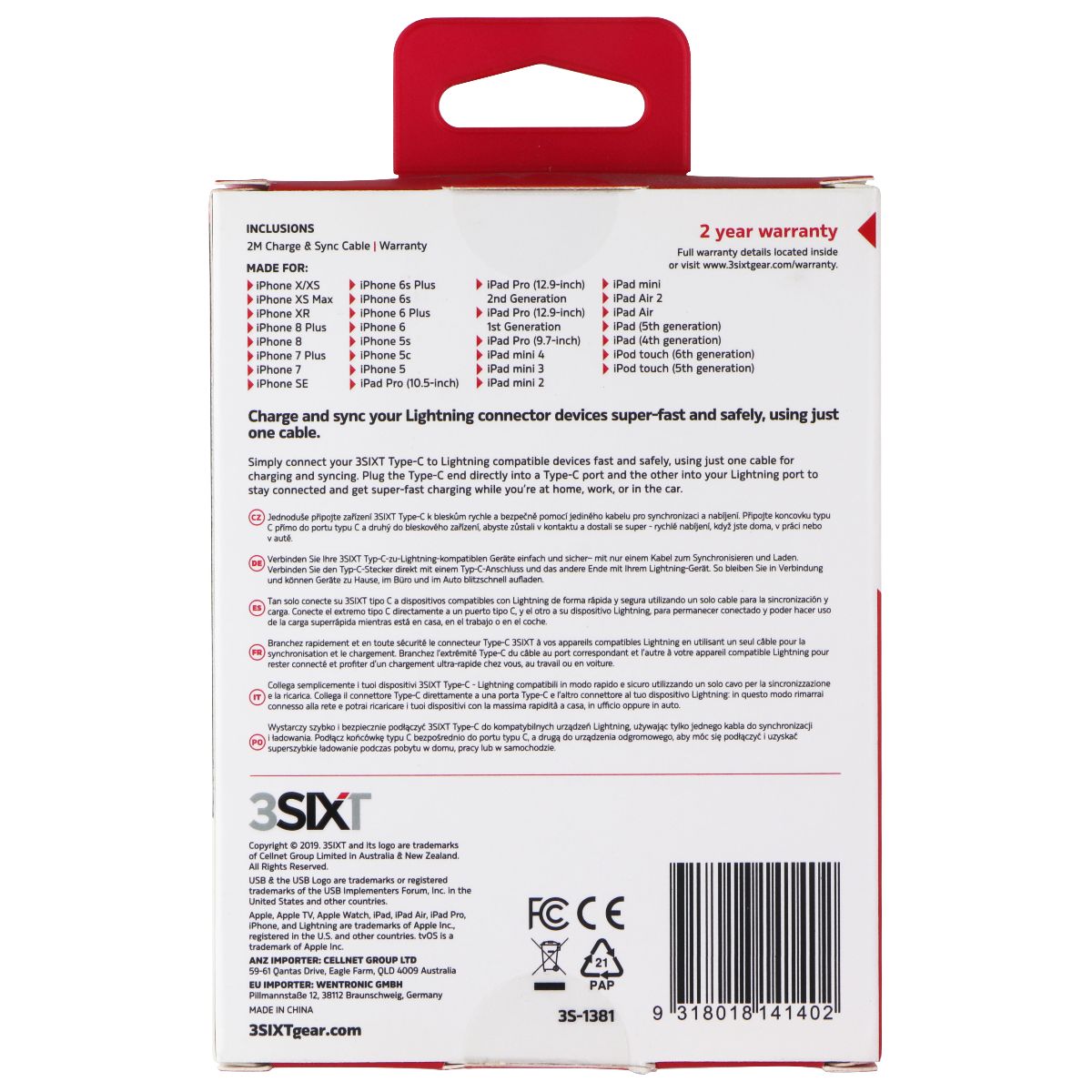 3sixT (2M/6 Foot) USB-C to Lightning 8-Pin Charge/Sync MFi Cable - Black Cell Phone - Cables & Adapters 3SIXT - Simple Cell Bulk Wholesale Pricing - USA Seller