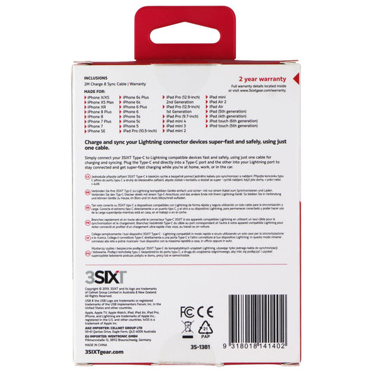 3sixT (2M/6 Foot) USB-C to Lightning 8-Pin Charge/Sync MFi Cable - Black Cell Phone - Cables & Adapters 3SIXT - Simple Cell Bulk Wholesale Pricing - USA Seller