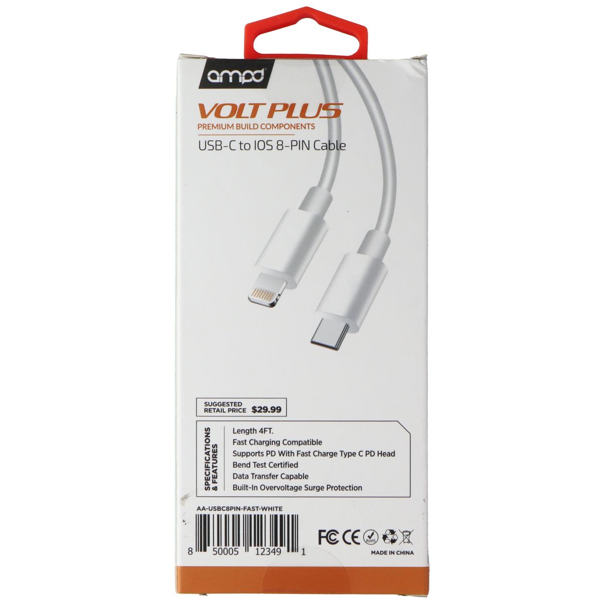 Ampd Volt Plus - (4-Ft) USB-C to Lightning 8-Pin Charge/Sync Cable - White Cell Phone - Cables & Adapters Ampd - Simple Cell Bulk Wholesale Pricing - USA Seller