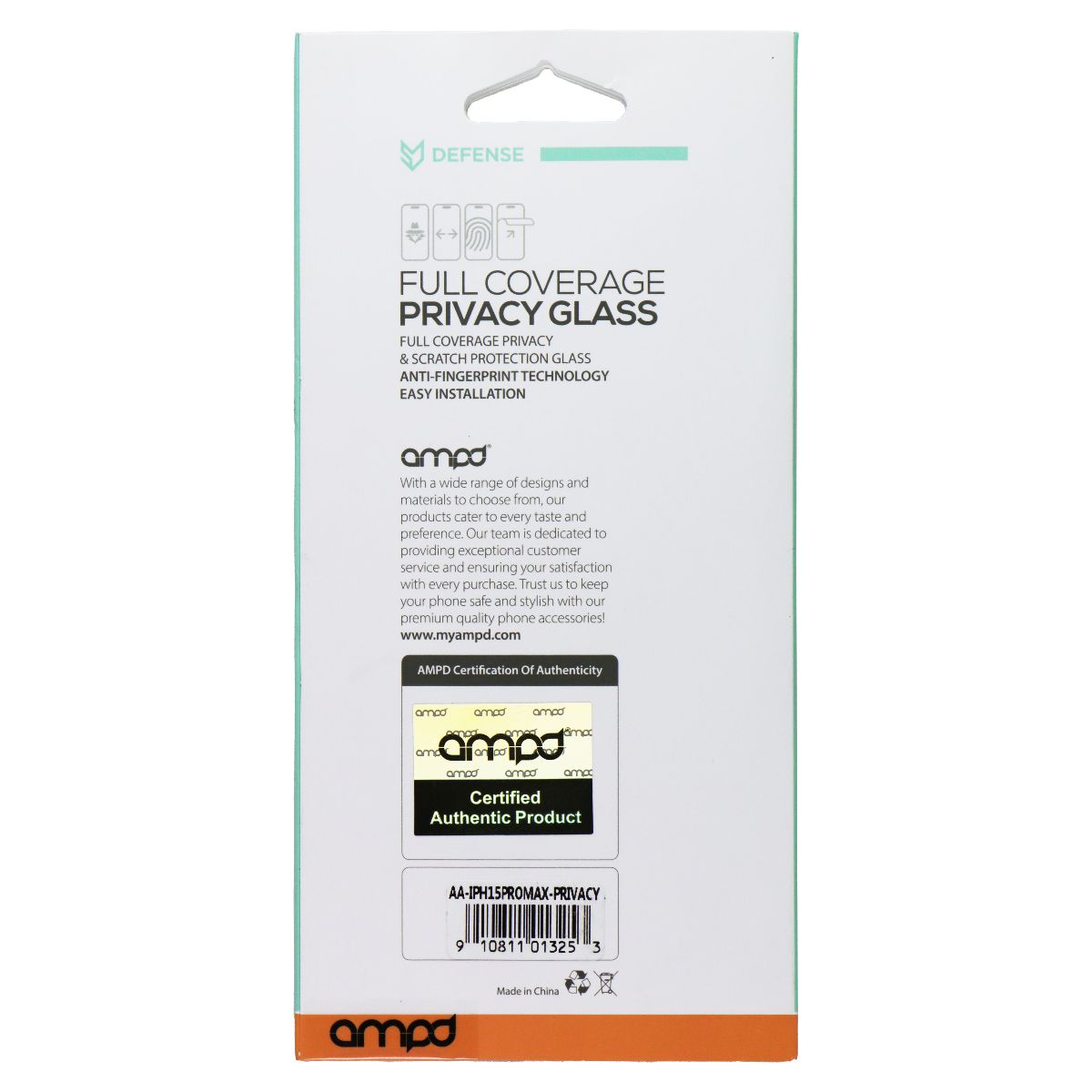Ampd Full Coverage Privacy Glass Screen Protector for Apple iPhone 15 Pro Max Cell Phone - Screen Protectors Ampd - Simple Cell Bulk Wholesale Pricing - USA Seller