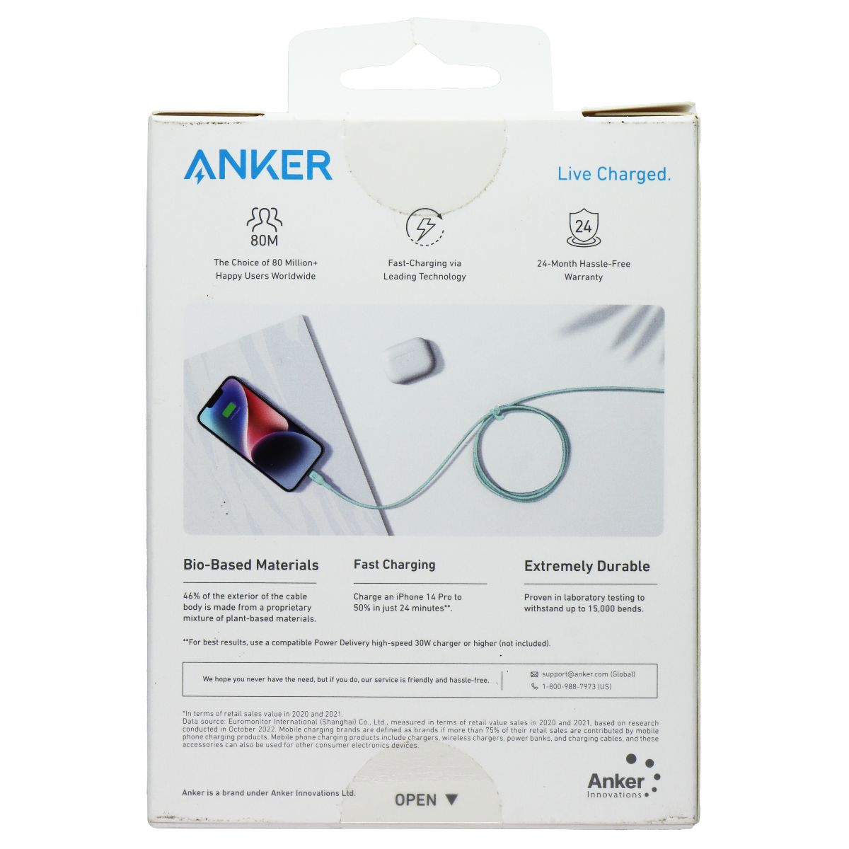 Anker 542 USB-C to 8-Pin Lightning Cable (Bio-Nylon 10ft) - Green Cell Phone - Cables & Adapters Anker - Simple Cell Bulk Wholesale Pricing - USA Seller