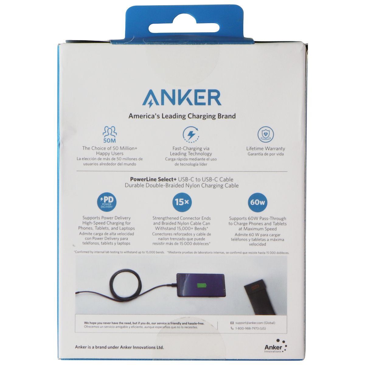 Anker 6 FT 60W Powerline Select+ Usb-C To Usb-C Cable - Black Cell Phone - Cables & Adapters Anker - Simple Cell Bulk Wholesale Pricing - USA Seller
