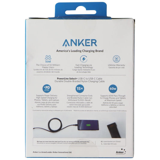 Anker 6 FT 60W Powerline Select+ Usb-C To Usb-C Cable - Black Cell Phone - Cables & Adapters Anker - Simple Cell Bulk Wholesale Pricing - USA Seller