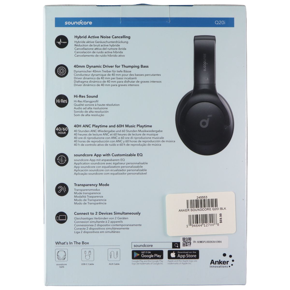 Anker Soundcore Q20i Wireless Pure Bass Hybrid ANC Headphones - Black (A3004Z11) Portable Audio - Headphones Anker - Simple Cell Bulk Wholesale Pricing - USA Seller