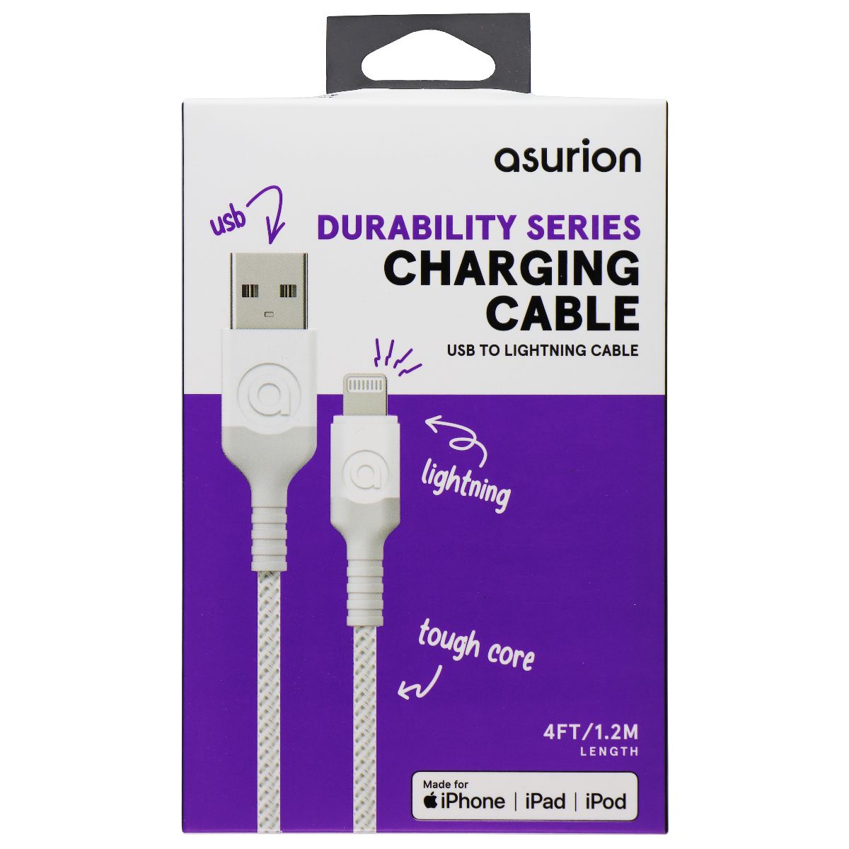 Asurion Durability (4-Ft) 8-Pin Lightning to USB Braided Charging Cable - White Cell Phone - Cables & Adapters Asurion - Simple Cell Bulk Wholesale Pricing - USA Seller