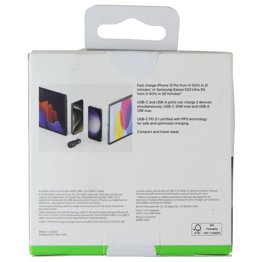 Belkin BoostCharge 42W Dual USB-A/USB-C Car Charger with USB-C Cable - Black Cell Phone - Chargers & Cradles Belkin - Simple Cell Bulk Wholesale Pricing - USA Seller