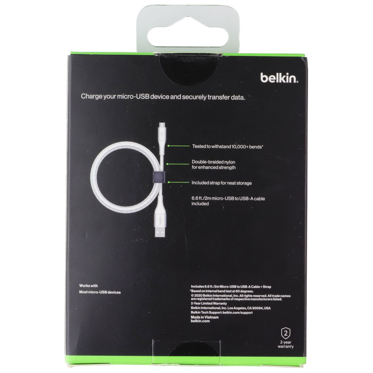 Belkin (2m/6.6ft) BoostCharge Braided Micro-USB to USB-A Cable + Strap - White