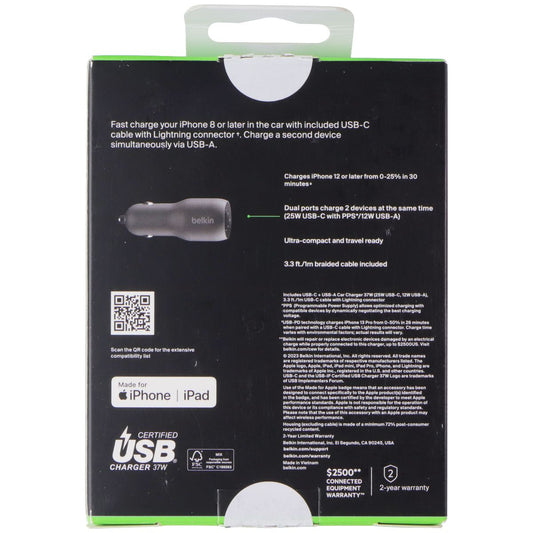 Belkin BoostCharge 37W USB-C/USB-A Car Charger w/ USB-C to 8-Pin Cable - Black Cell Phone - Chargers & Cradles Belkin - Simple Cell Bulk Wholesale Pricing - USA Seller