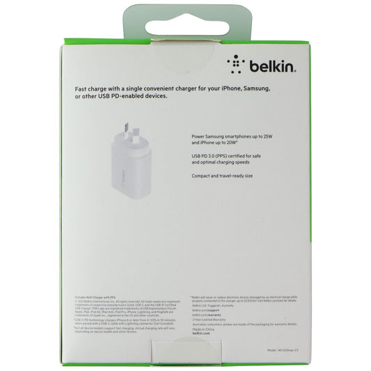 Belkin Boost Charge PPS 25W USB-C Wall Charger - White (Australian Plug) Multipurpose Batteries & Power - Multipurpose AC to DC Adapters Belkin - Simple Cell Bulk Wholesale Pricing - USA Seller