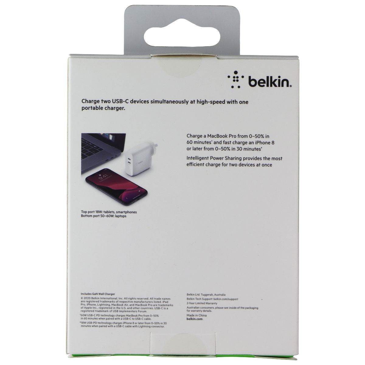 Belkin BoostCharge 68W Dual Port (USB-C) GaN Wall Charger (AU Plug) - White Cell Phone - Chargers & Cradles Belkin - Simple Cell Bulk Wholesale Pricing - USA Seller
