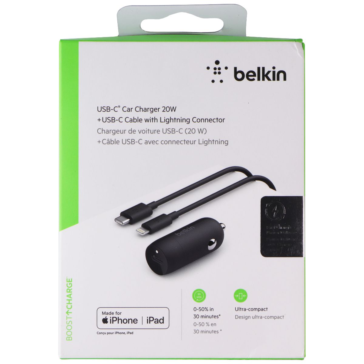 Belkin USB-C Car Charger (20W) + USB-C Cable with 8-Pin Connector - Black