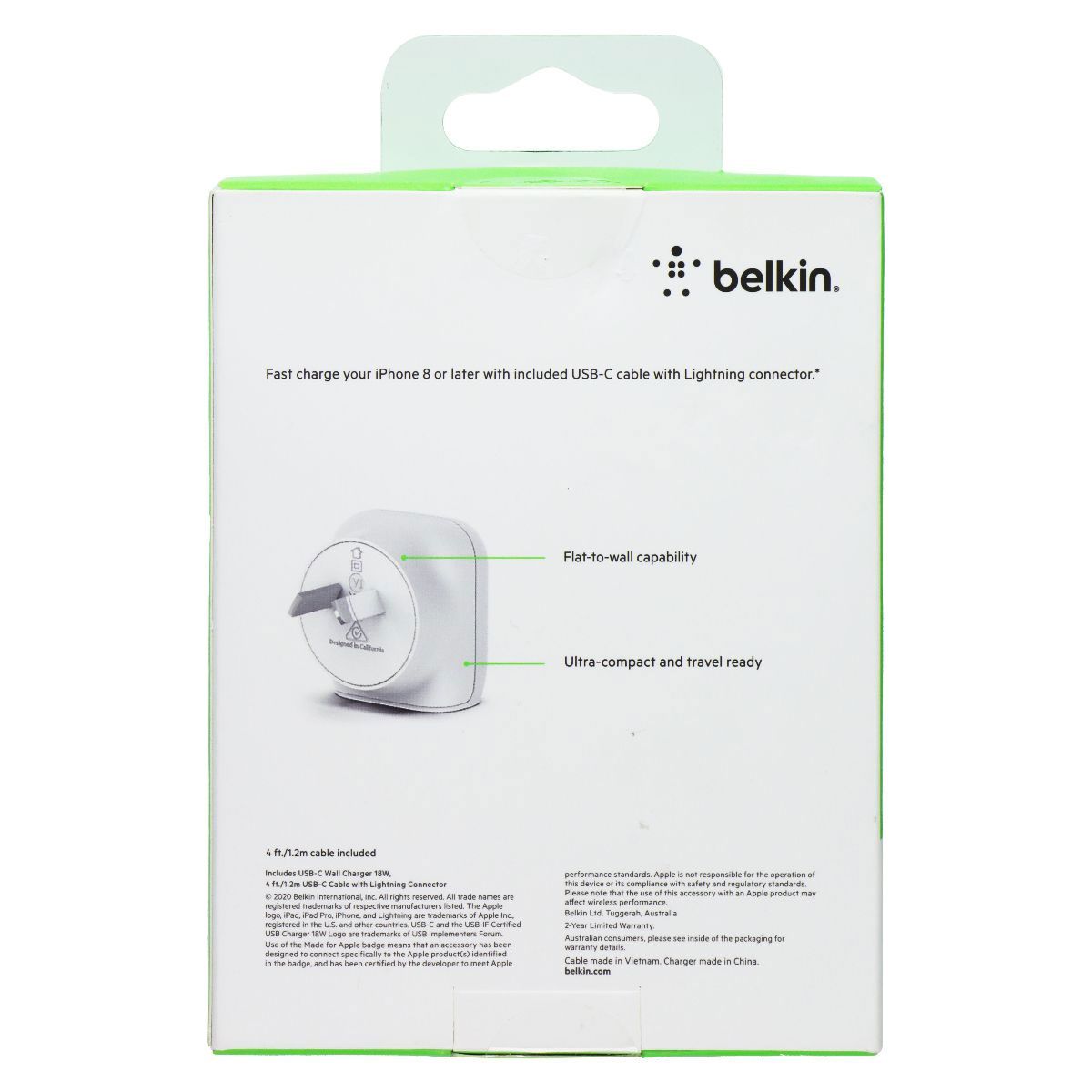 Belkin 18W USB-C Wall Charger & USB-C to Lightning 8-Pin Cable - White