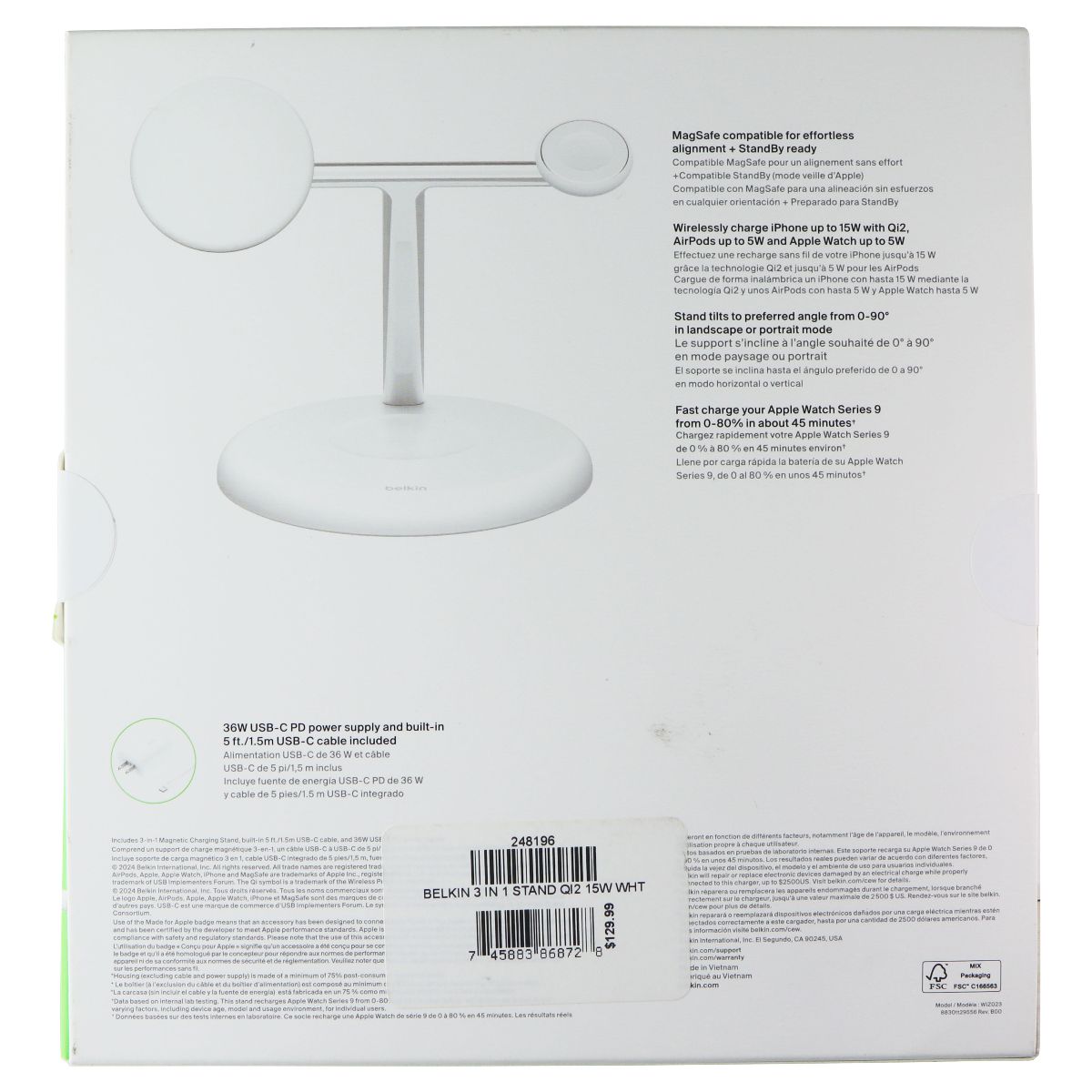 Belkin BoostCharge Pro 3-in-1 Magnetic Charging Stand (Qi2 and MagSafe) - White Cell Phone - Chargers & Cradles Belkin - Simple Cell Bulk Wholesale Pricing - USA Seller