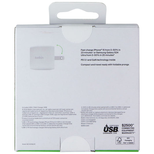 Belkin BoostCharge Pro 1 Port 30W USB-C Wall Charger (WCH001‑WH‑TL) - White