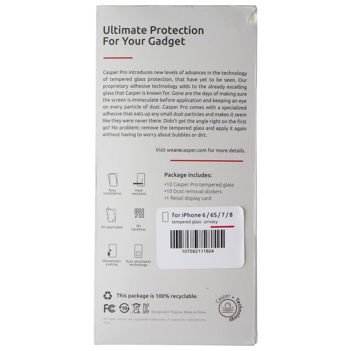 Casper Pro Tempered Glass (10 Pack) for Apple iPhone 6 / 6S / 7 / 8 Cell Phone - Screen Protectors Casper - Simple Cell Bulk Wholesale Pricing - USA Seller