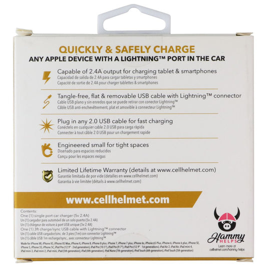CellHelmet 2.4A/12W Car Charger with USB / Lightning (8-Pin) Cable- White Cell Phone - Chargers & Cradles CellHelmet - Simple Cell Bulk Wholesale Pricing - USA Seller