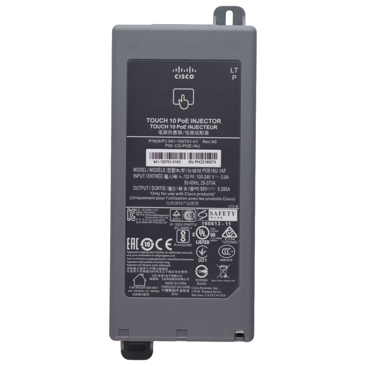 Cisco Touch 10 PoE Injector 56V/.285A (POE16U-1AF) - Brick Only Multipurpose Batteries & Power - Multipurpose AC to DC Adapters Cisco - Simple Cell Bulk Wholesale Pricing - USA Seller