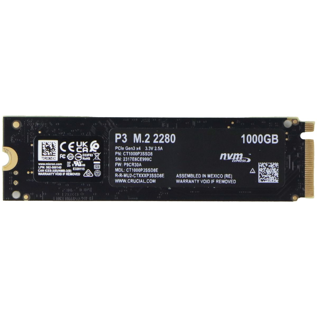 Crucial (1TB) P3 M.2 2280 PCIe 3.0 NVMe Internal SSD (CT1000P3SSD8) Digital Storage - Solid State Drives Crucial - Simple Cell Bulk Wholesale Pricing - USA Seller