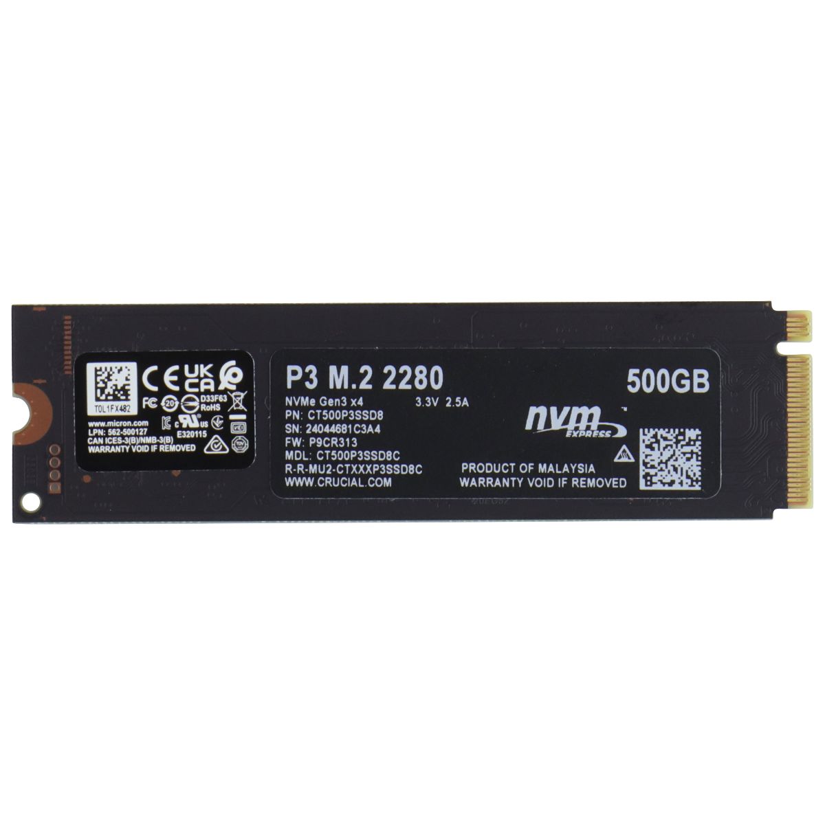 Crucial P3 500GB PCIe Gen3 3D NAND NVMe M.2 SSD, up to 3500MB/s - CT500P3SSD8 Digital Storage - Solid State Drives Crucial - Simple Cell Bulk Wholesale Pricing - USA Seller