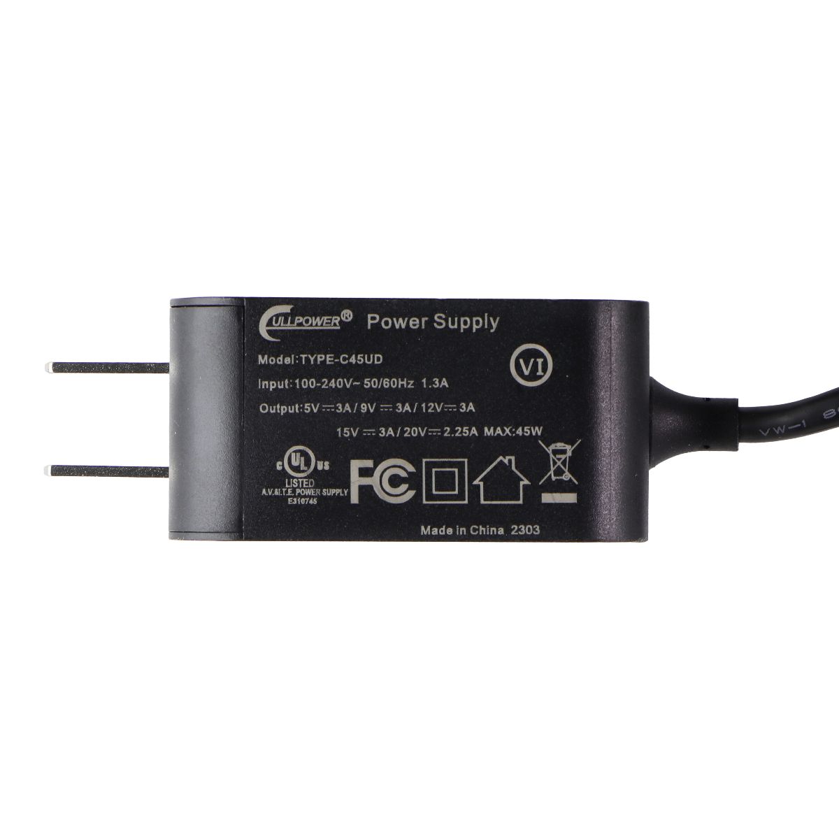 CullPower 5V/3A Corded USB-C Wall Charger (TYPE-C45UD) - Black Parts & Accessories - Chargers & Cradles Cullpower - Simple Cell Bulk Wholesale Pricing - USA Seller