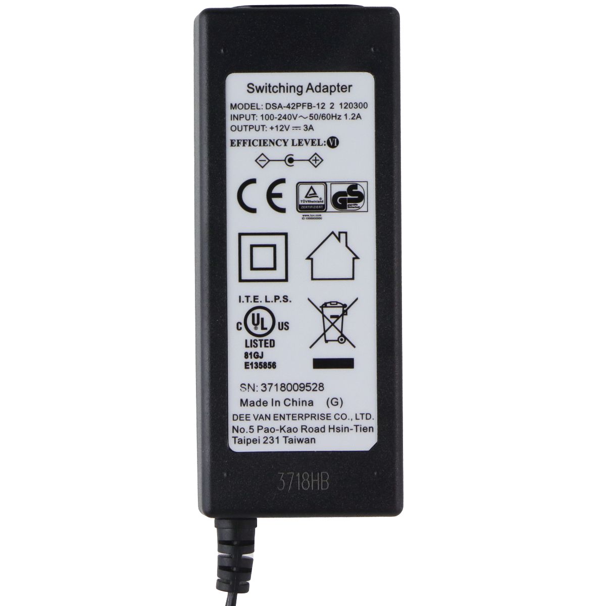 Dee Van Enterprise 12V/3A Switching Adapter DSA-42PFB-12 - Black Multipurpose Batteries & Power - Multipurpose AC to DC Adapters Dee Van Enterprise - Simple Cell Bulk Wholesale Pricing - USA Seller