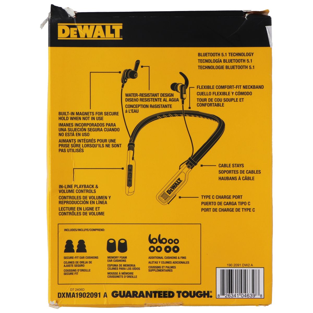 DeWalt Jobsite Pro Wireless Bluetooth IPX6 Earphones - Black/Yellow Portable Audio - Headphones Dewalt - Simple Cell Bulk Wholesale Pricing - USA Seller