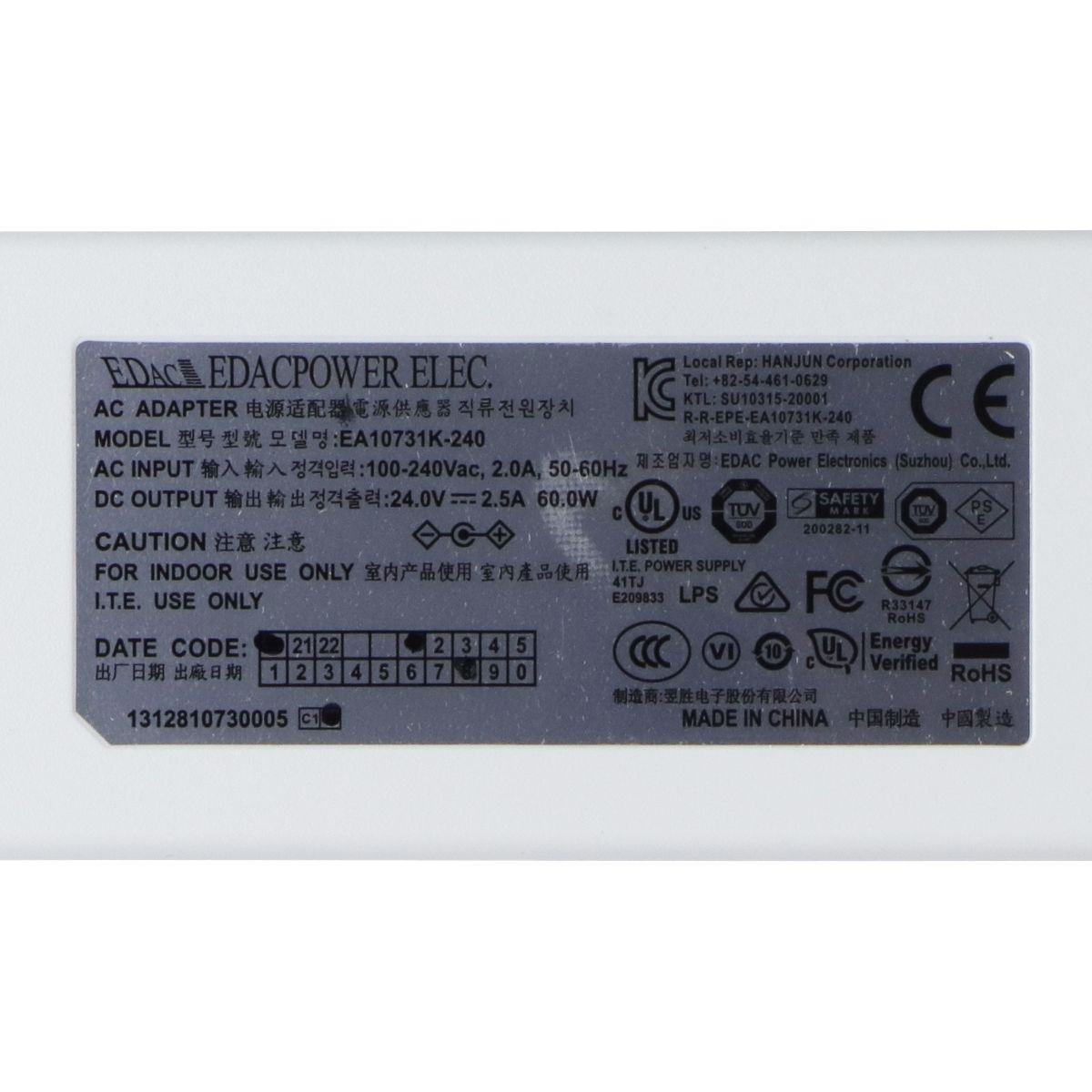 EDACPower 60W 24V/2.5A AC Adapter (EA10731K-240) - White