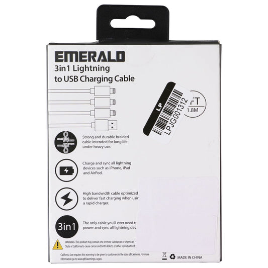 Emerald 6-Foot Braided 3-in-1 Lightning 8-Pin to USB-A Charging Cable - Black Cell Phone - Cables & Adapters Emerald - Simple Cell Bulk Wholesale Pricing - USA Seller