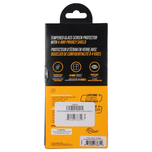 Gadget Guard - Glass with 4 Way Privacy - Screen Protector for iPhone 16 Pro Max Cell Phone - Screen Protectors Gadget Guard - Simple Cell Bulk Wholesale Pricing - USA Seller