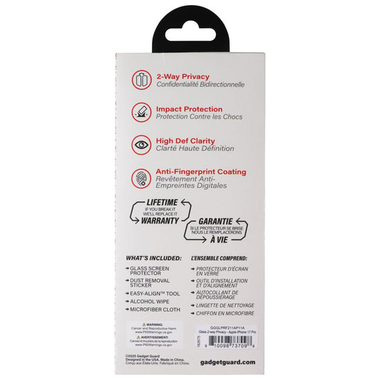 Gadget Guard Glass Privacy Screen Protector for Apple iPhone 17 Pro Cell Phone - Screen Protectors Gadget Guard - Simple Cell Bulk Wholesale Pricing - USA Seller