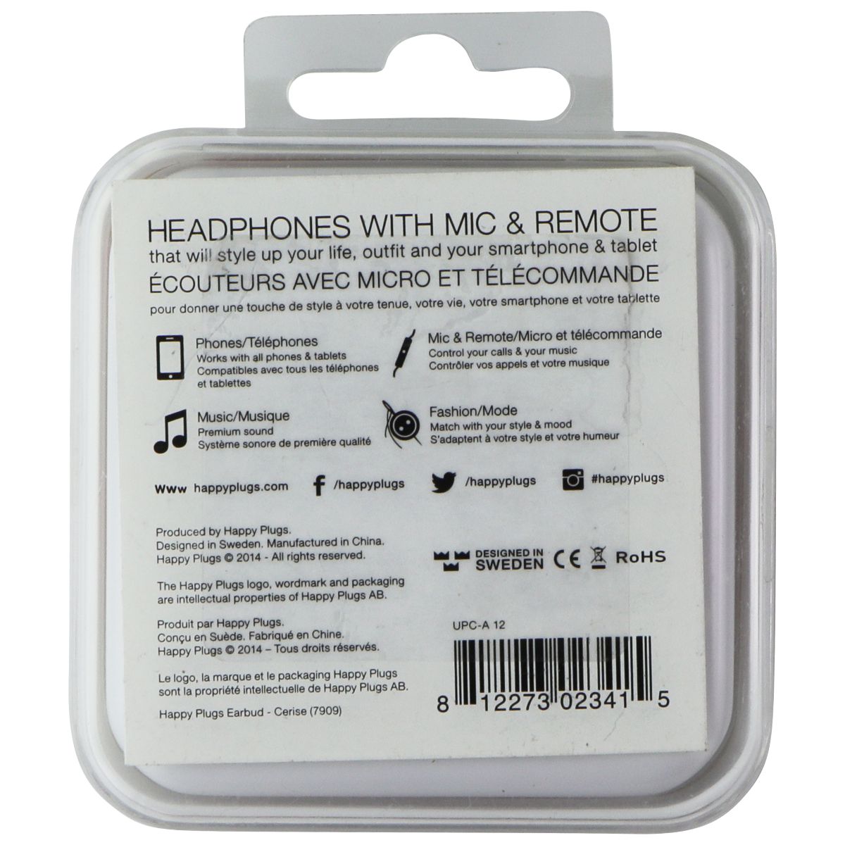 Happy Plugs Wired Earbud Headphones with Mic & Remote (7909) - Cerise (Pink) Cell Phone - Headsets Happy Plugs - Simple Cell Bulk Wholesale Pricing - USA Seller