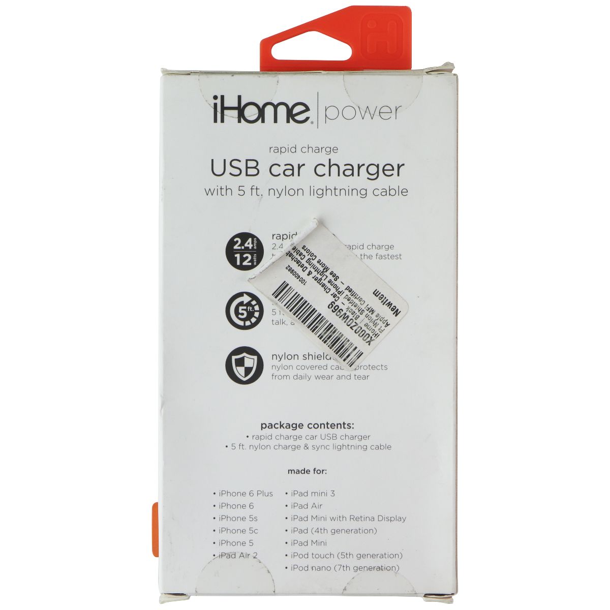 iHome Power 12W USB Car Charger with 5Ft Lightning 8-Pin Cable - Black / Orange Cell Phone - Chargers & Cradles iHome - Simple Cell Bulk Wholesale Pricing - USA Seller