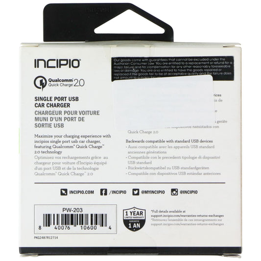 Incipio Qualcomm 2.0 Single Port Car Adapter for USB Devices - Black (PW-203) Cell Phone - Cables & Adapters Incipio - Simple Cell Bulk Wholesale Pricing - USA Seller