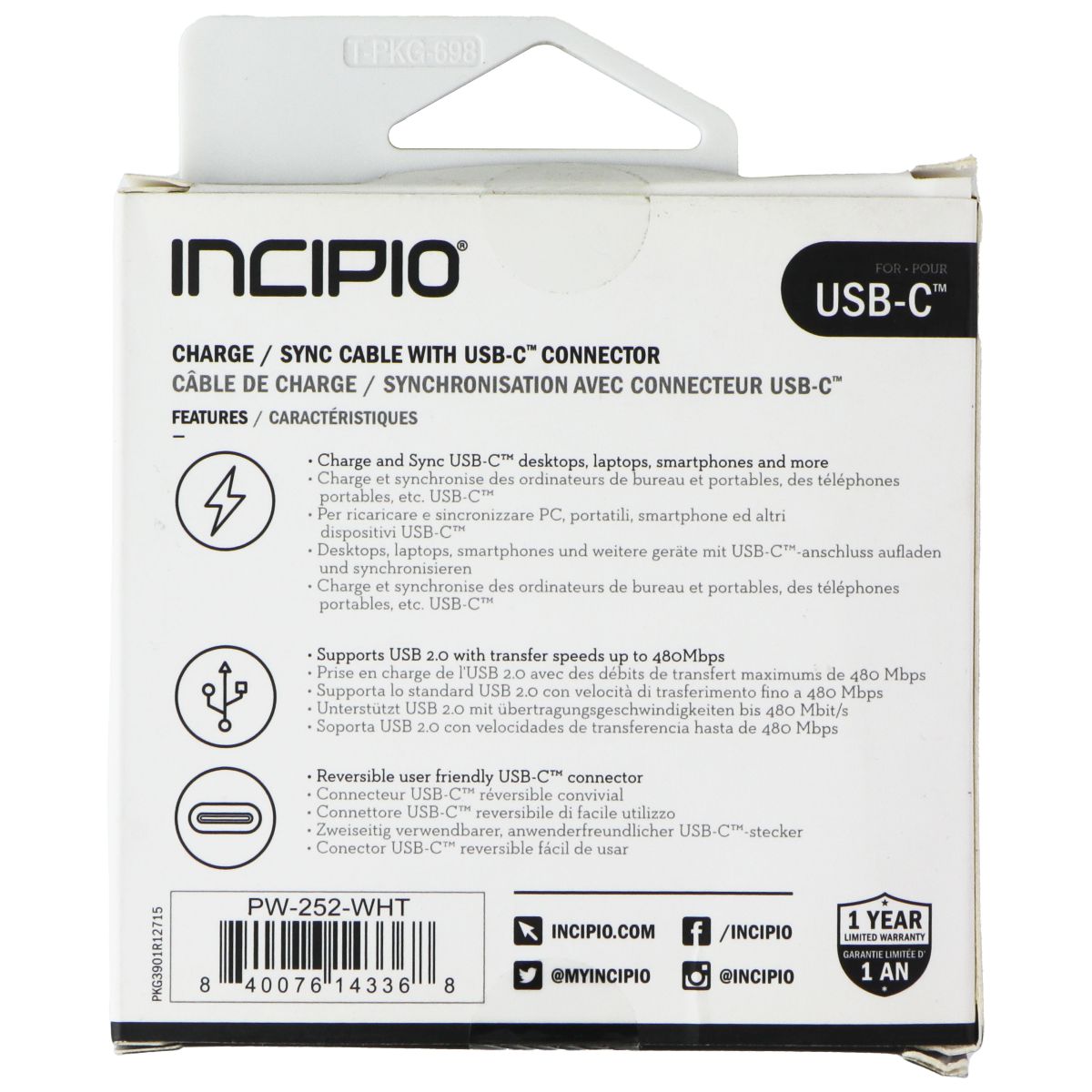 Incipio (1m/3.3-Ft) USB-C 2.0 to USB-C Charge/Sync Cable - White Cell Phone - Cables & Adapters Incipio - Simple Cell Bulk Wholesale Pricing - USA Seller
