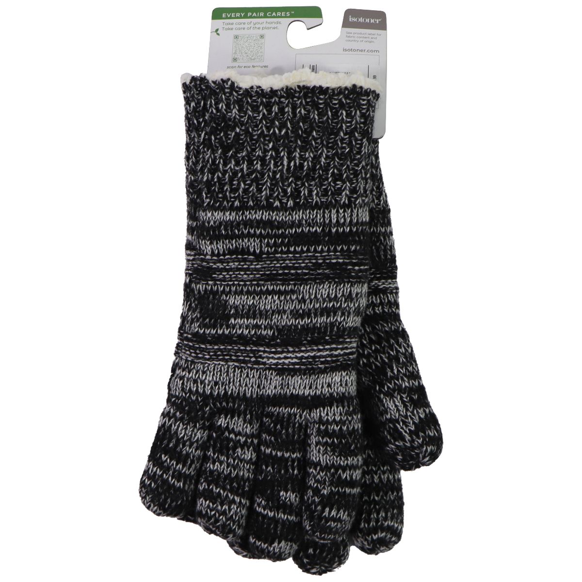 Isotoner Women's Knitted Gloves with Fur - One Size (1SZ) - Black/White Stripe