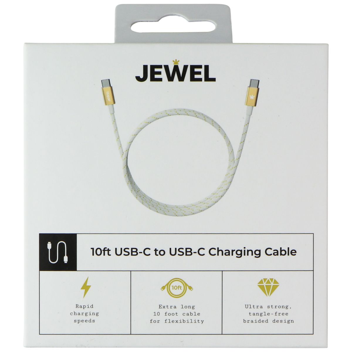 JEWEL (10Ft) USB-C to USB-C Charging Cable - White / Gold Cell Phone - Cables & Adapters JEWEL - Simple Cell Bulk Wholesale Pricing - USA Seller
