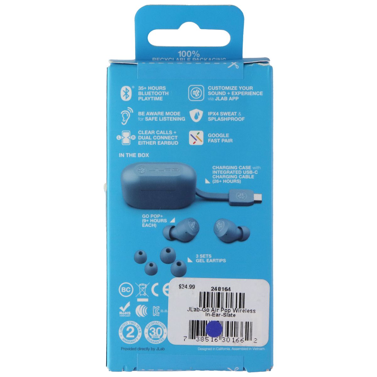 JLab Go Air Pop+ True Wireless Bluetooth (In-Ear) Earbuds - Slate Portable Audio - Headphones JLAB - Simple Cell Bulk Wholesale Pricing - USA Seller
