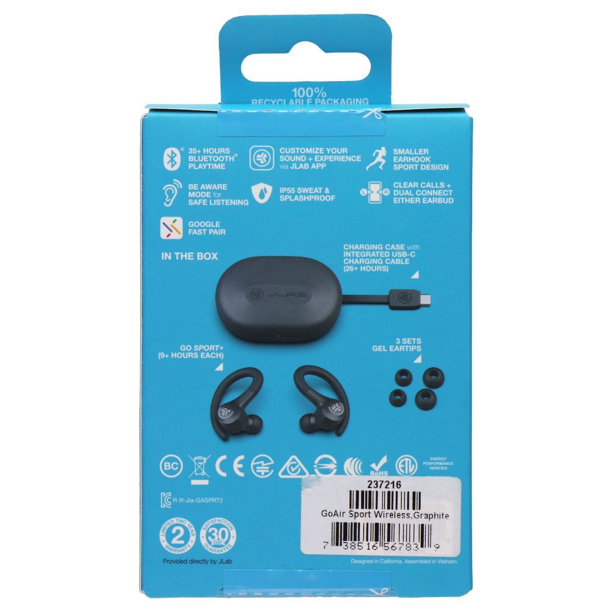 JLab Go Sport+ True Wireless Earbuds with 35+ Hours Playtime - Graphite Portable Audio - Headphones JLAB - Simple Cell Bulk Wholesale Pricing - USA Seller