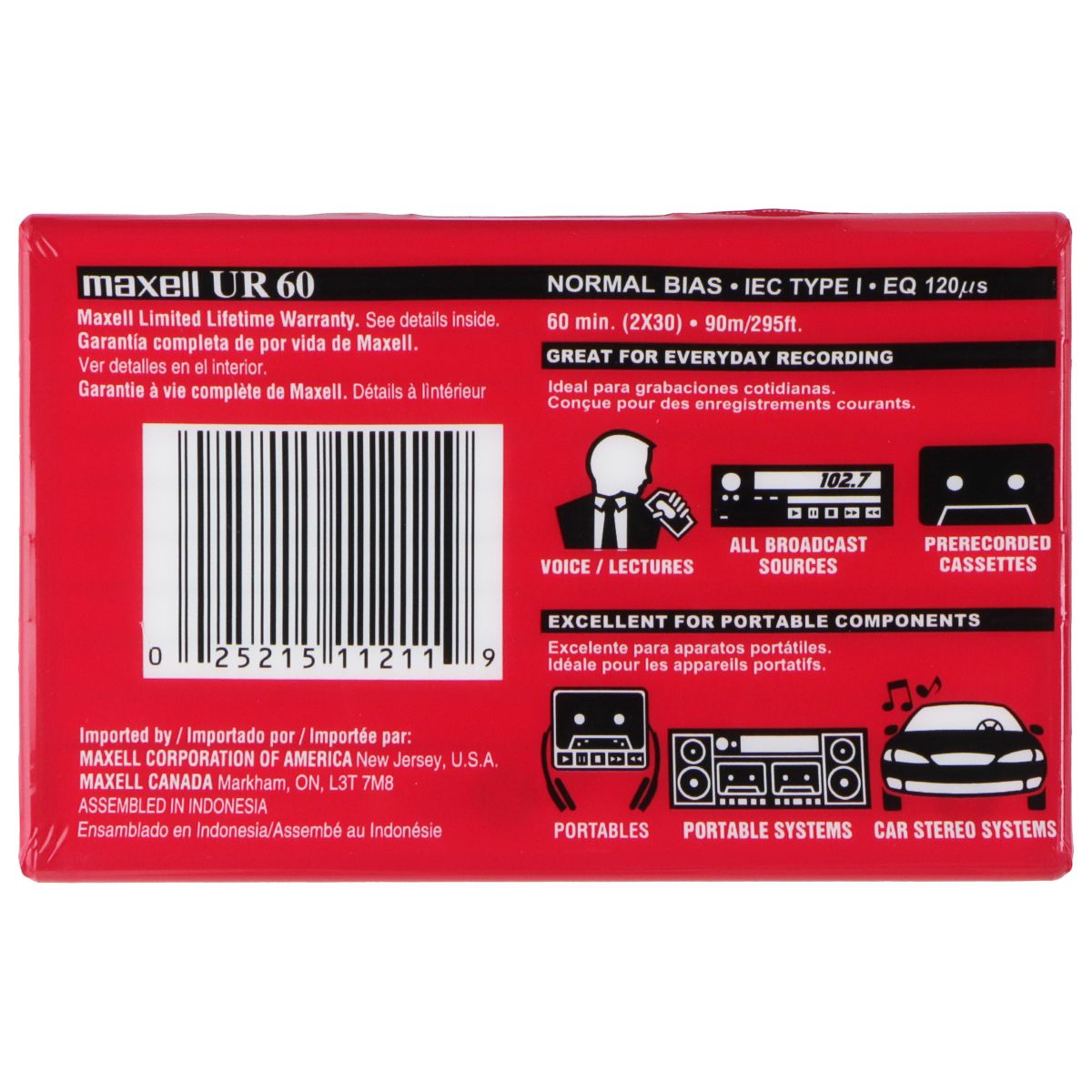 Maxell 60 Minute Storage Normal Bias (Type I) Audio Cassette - 1 Pack Portable Audio & Headphones - Personal Cassette Players Maxell - Simple Cell Bulk Wholesale Pricing - USA Seller