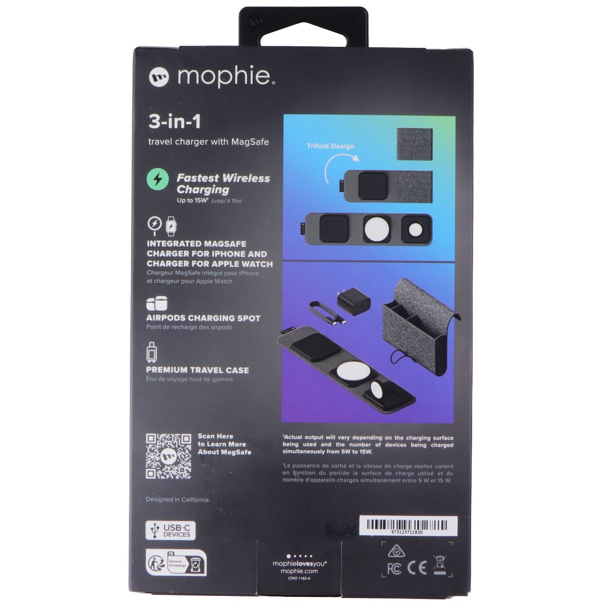 Mophie 3-in-1 Tri-Fold Travel Charger Pad with MagSafe for Apple - Black (Gen 1) Cell Phone - Chargers & Cradles Mophie - Simple Cell Bulk Wholesale Pricing - USA Seller
