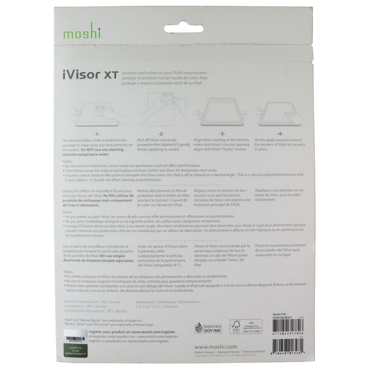Moshi iVisor XT Crystal Clear Screen Protector for Apple iPad Air 2 - White iPad/Tablet Accessories - Screen Protectors Moshi - Simple Cell Bulk Wholesale Pricing - USA Seller