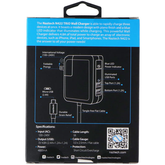 Naztech TRiO Wall Charger w/ 2x USB A ports and Built-in Micro-USB Cable - Black Cell Phone - Chargers & Cradles Naztech - Simple Cell Bulk Wholesale Pricing - USA Seller