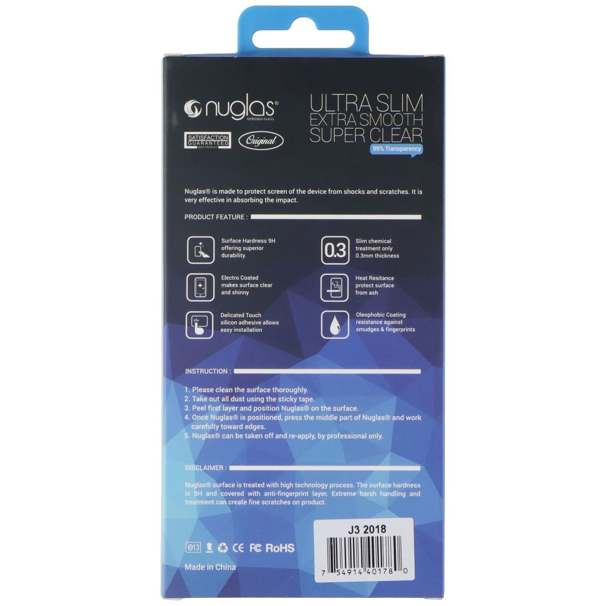 Nuglas Crystal Clear Tempered Glass for Samsung Galaxy J3 (2018) - Clear Cell Phone - Screen Protectors Nuglas - Simple Cell Bulk Wholesale Pricing - USA Seller