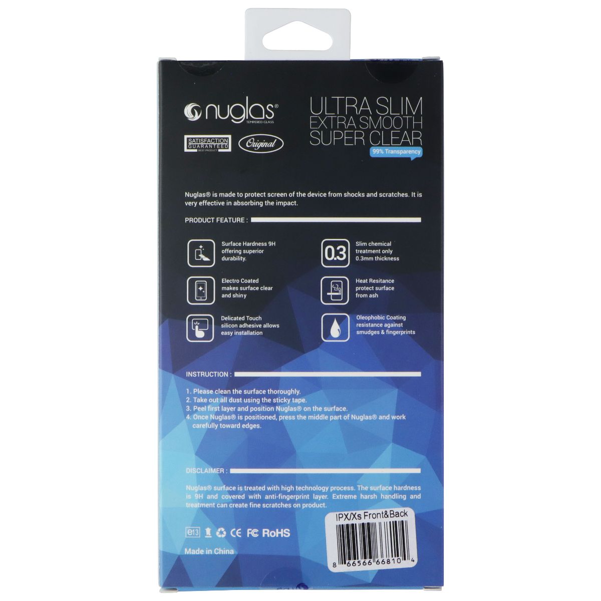 Nuglas Crystal Clear Tempered Glass (Front + Back) for Apple iPhone X/XS - Clear Cell Phone - Screen Protectors Nuglas - Simple Cell Bulk Wholesale Pricing - USA Seller