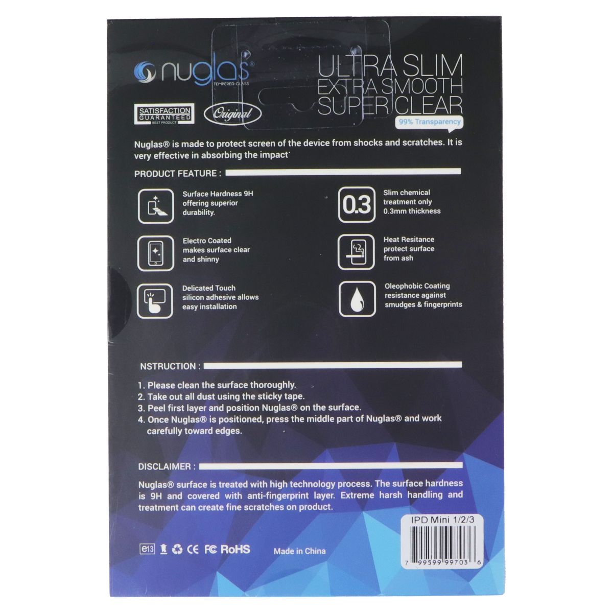 Nuglas Crystal Clear Tempered Glass for Apple iPad Mini 1/2/3 - Clear