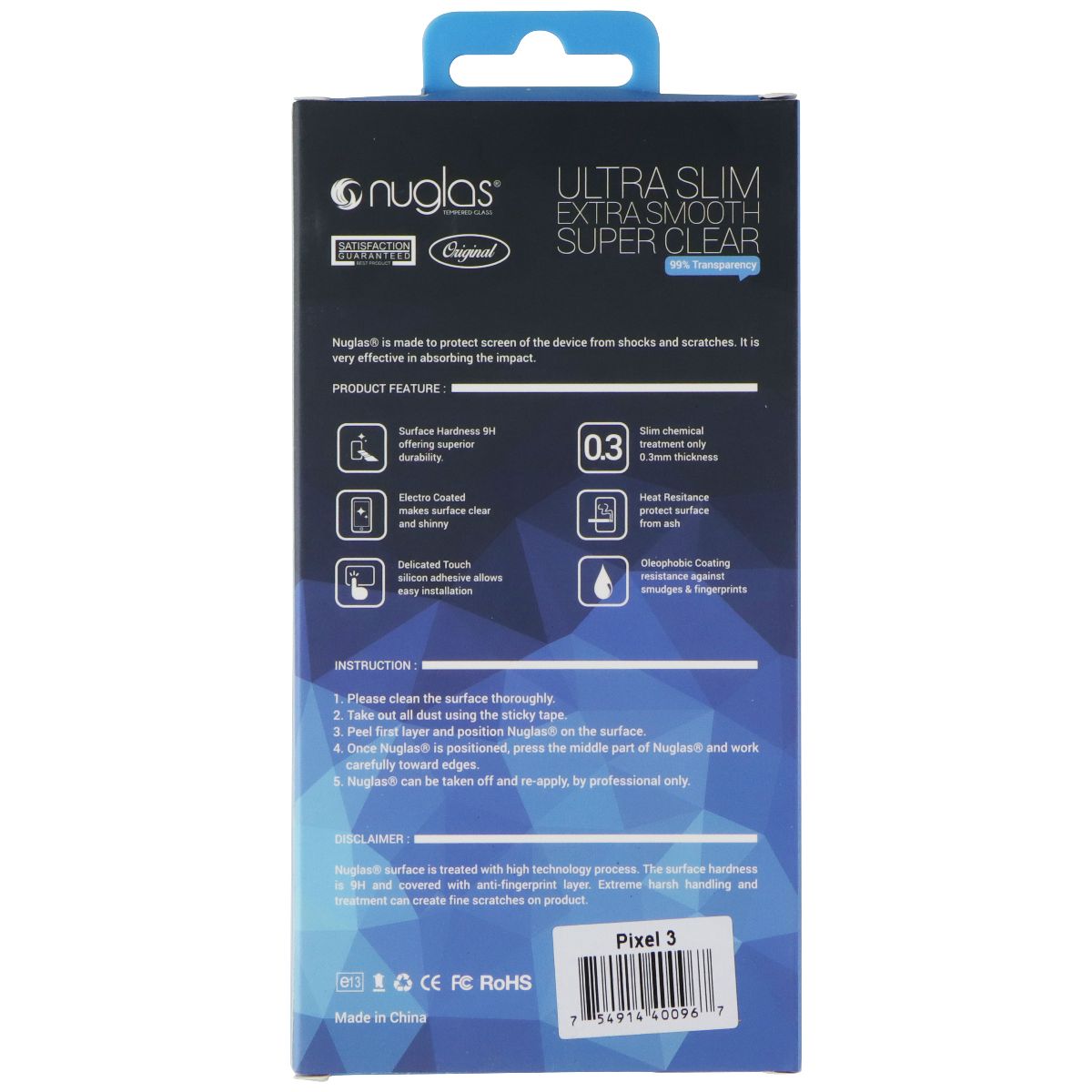 Nuglas Crystal Clear Premium Tempered Glass for Google Pixel 3 - Clear Cell Phone - Screen Protectors Nuglas - Simple Cell Bulk Wholesale Pricing - USA Seller