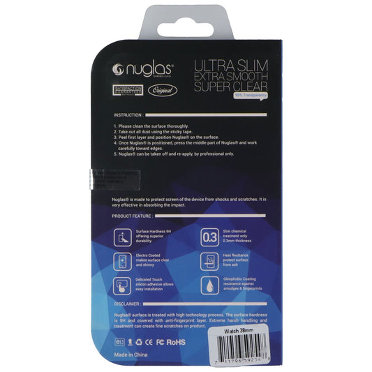 Nuglas Premium Tempered Glass for Apple Watch 38mm 1/2/3 - Clear Smart Watch Accessories - Screen Protectors Nuglas - Simple Cell Bulk Wholesale Pricing - USA Seller