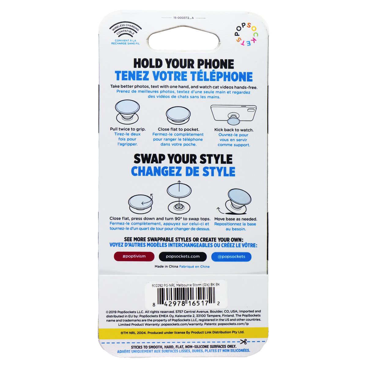 PopSockets PopGrip Expanding Stand Grip w/ Swappable Top - NRL Melbourne Storm Cell Phone - Mounts & Holders PopSockets - Simple Cell Bulk Wholesale Pricing - USA Seller