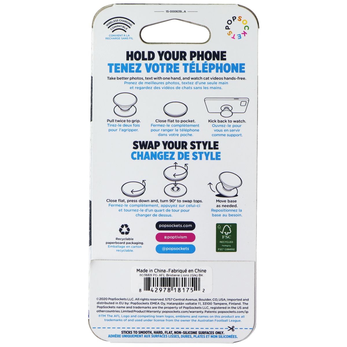 PopSockets PopGrip Expanding Stand Grip w/ Swappable Top - AFL Brisbane Lions Cell Phone - Mounts & Holders PopSockets - Simple Cell Bulk Wholesale Pricing - USA Seller